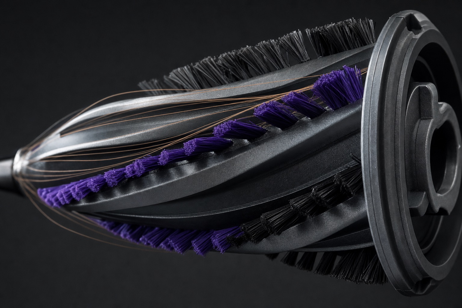 Macro shot of a conical brush roll funnelling hair strands toward its wide end