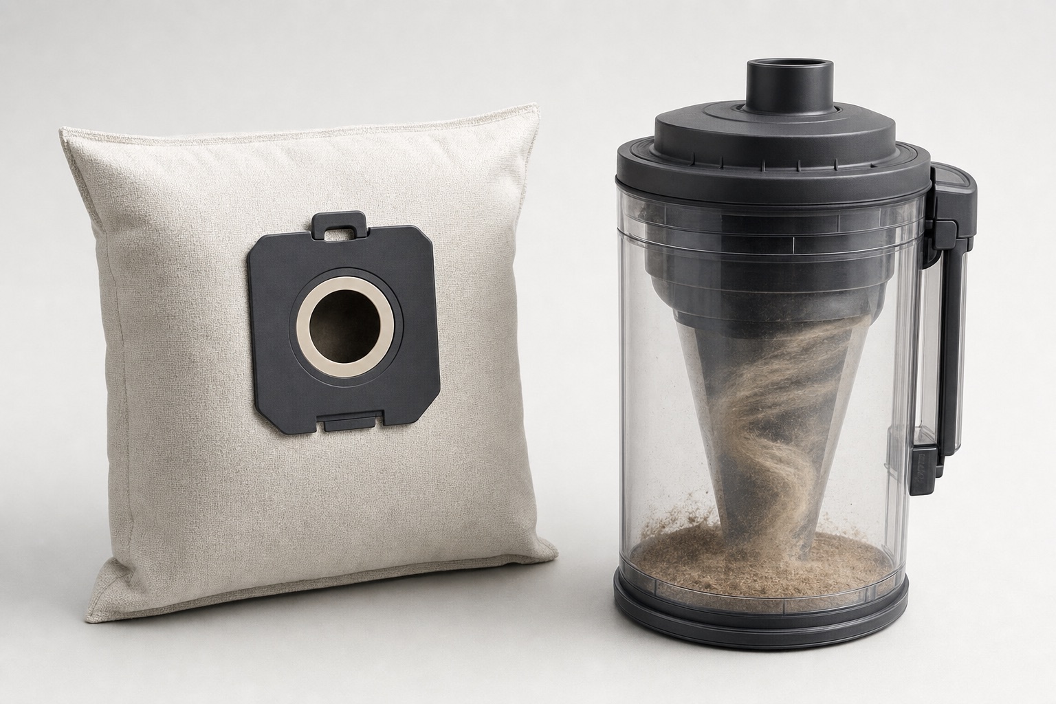 A sealed dust bag and a transparent cyclone dustbin side by side on a studio surface
