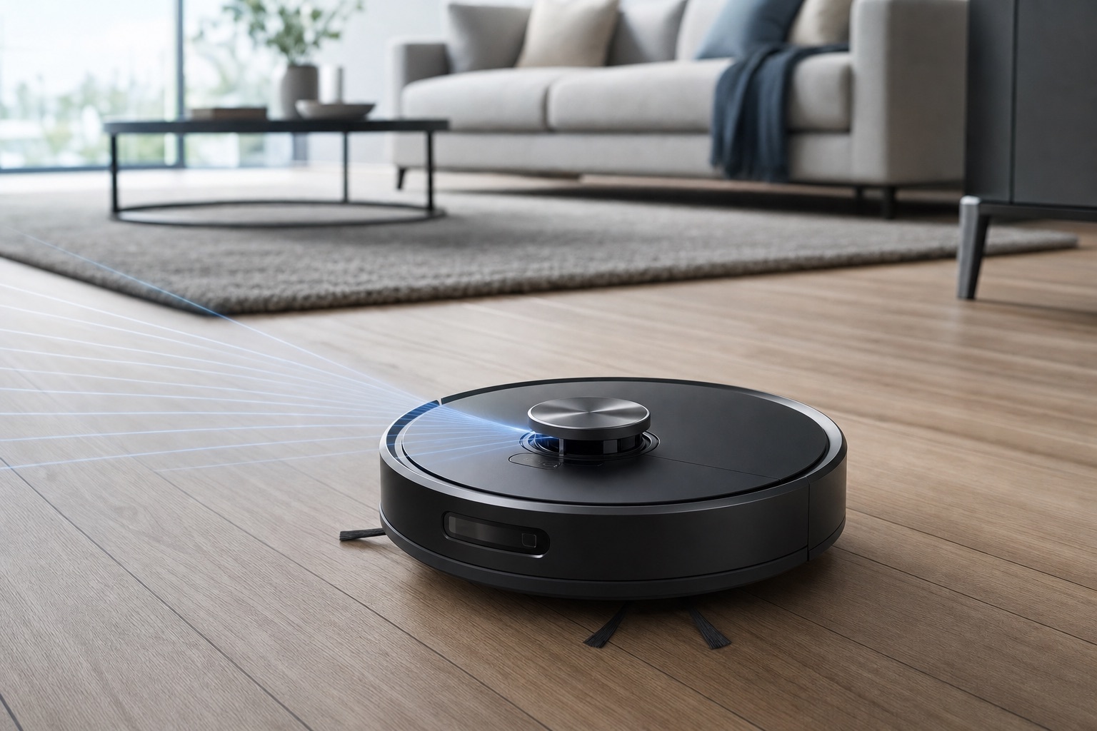 Robot vacuum with a raised laser turret sweeping a light fan across a wooden floor