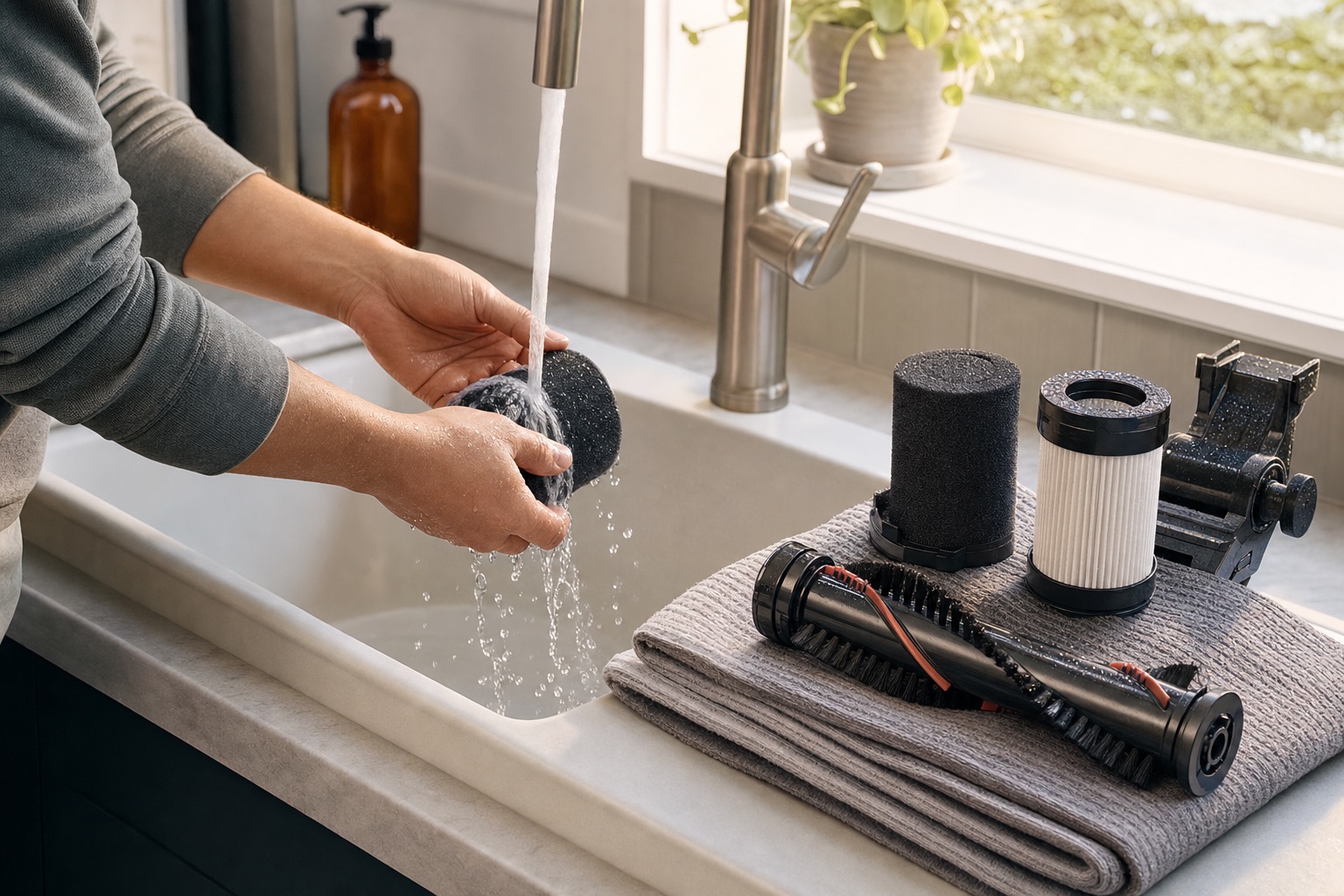 Hands rinsing a foam vacuum filter at a utility sink with brush rolls on a towel